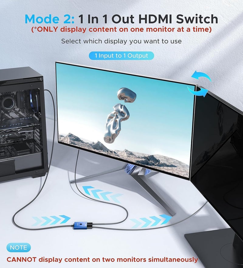 Warrky مفتاح HDMI 4K@60Hz مقسم 2 في 1 مخرج، [كابل HDMI مضفر ثابت بطول 3.3 قدم، علبة ألمنيوم، HDCP 2.2] مفتاح ثنائي الاتجاه 2x1 متوافق مع UHD لجهاز PS5/4، نينتندو سويتش، روكو، فايرستيك – أزرق - Image 3